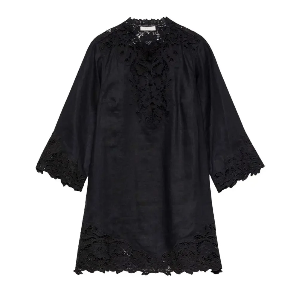 NWT Doen Roselie Linen Lace Crochet Collar 3/4 Sleeve Tunic Mini Dress Black - Picture 15 of 16